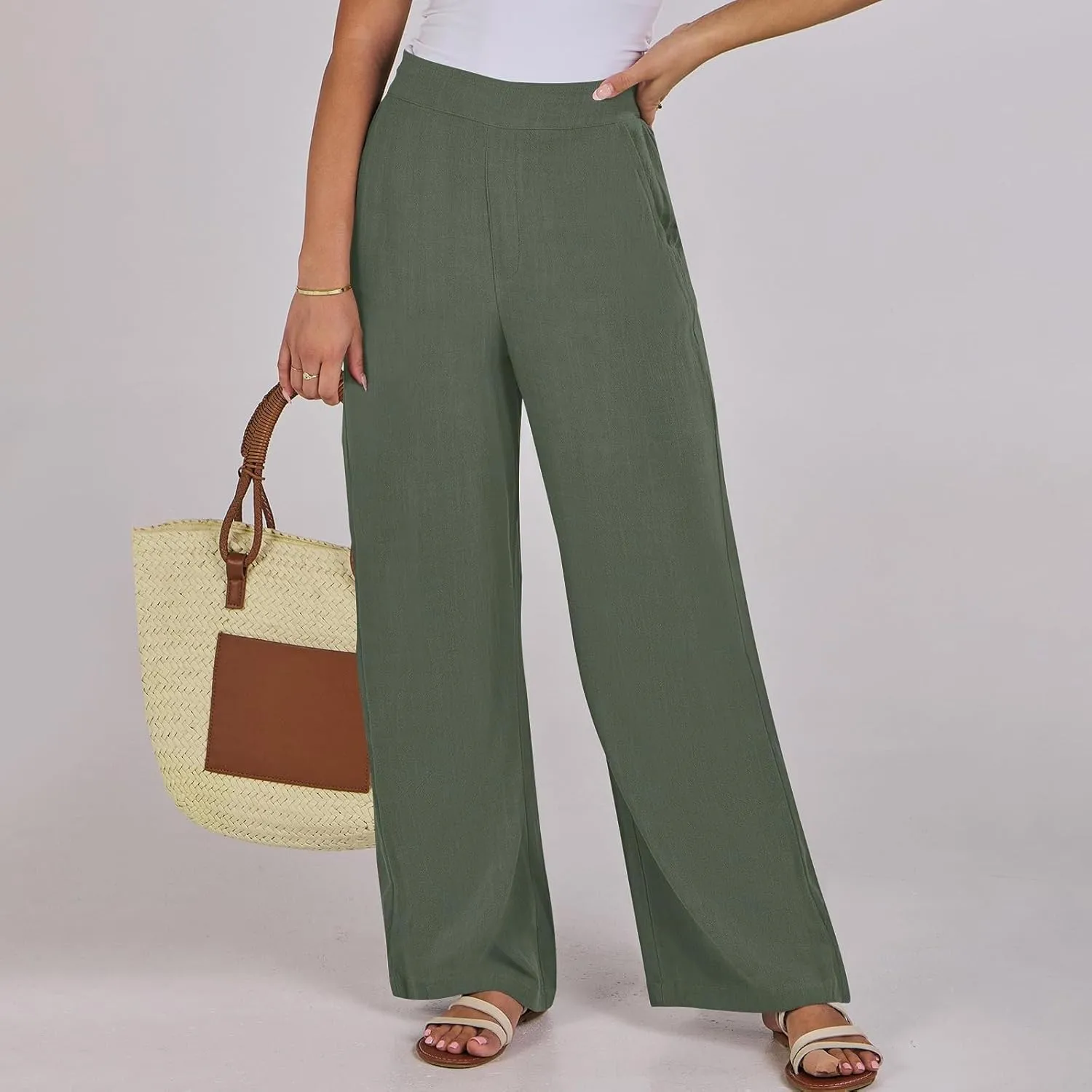 Linen Work Pants for Women High Waisted Dress Pants Casual Lightweight Elastic Waist Wide Leg Trousers with Pockets
