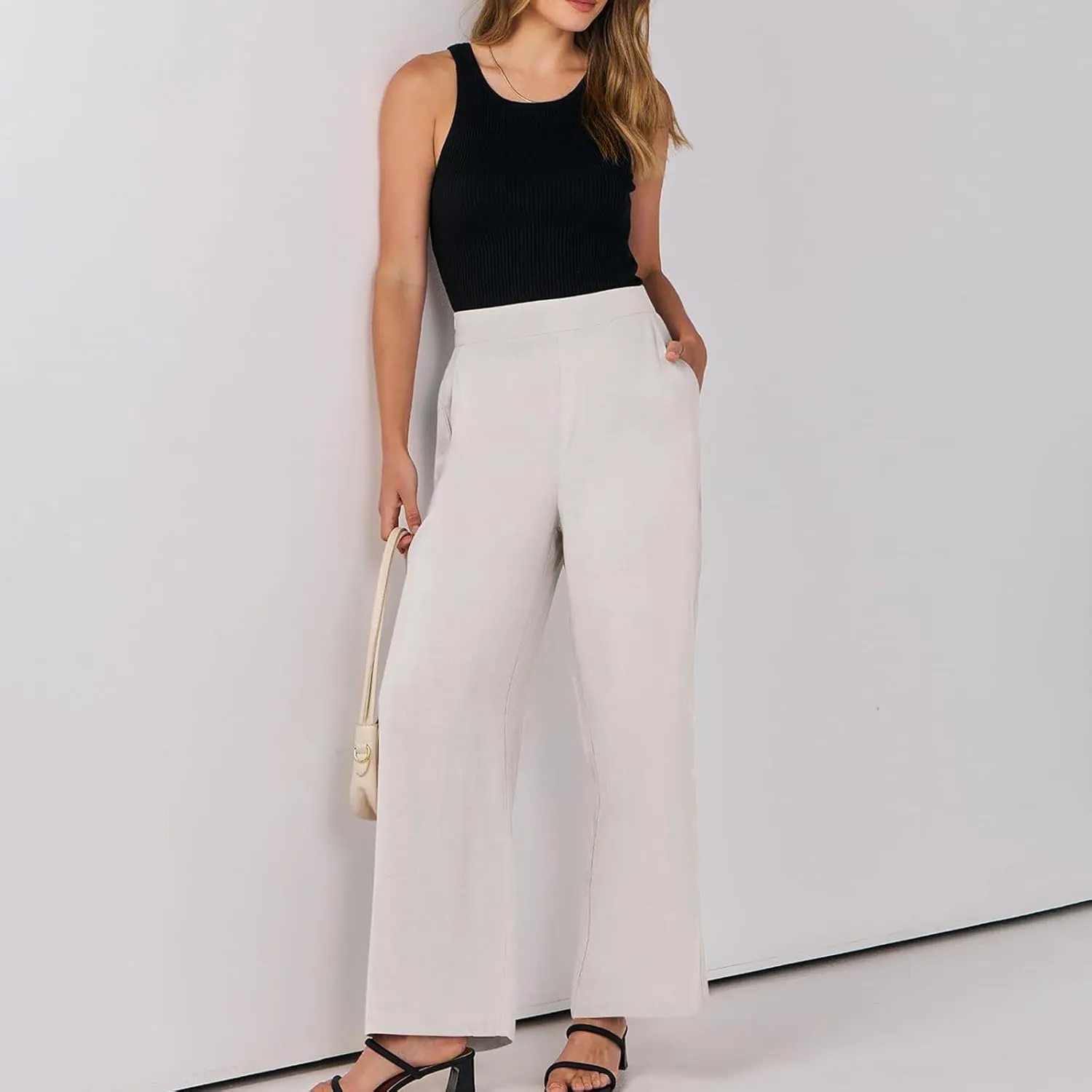 Linen Work Pants for Women High Waisted Dress Pants Casual Lightweight Elastic Waist Wide Leg Trousers with Pockets