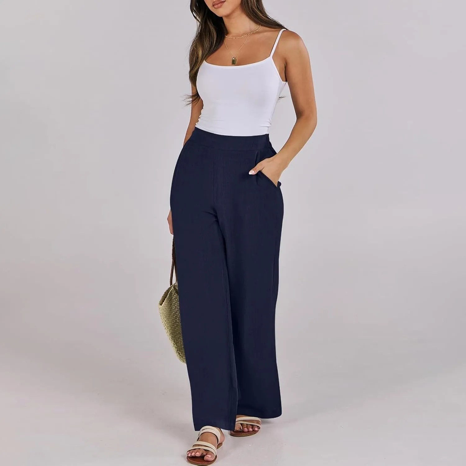 Linen Work Pants for Women High Waisted Dress Pants Casual Lightweight Elastic Waist Wide Leg Trousers with Pockets
