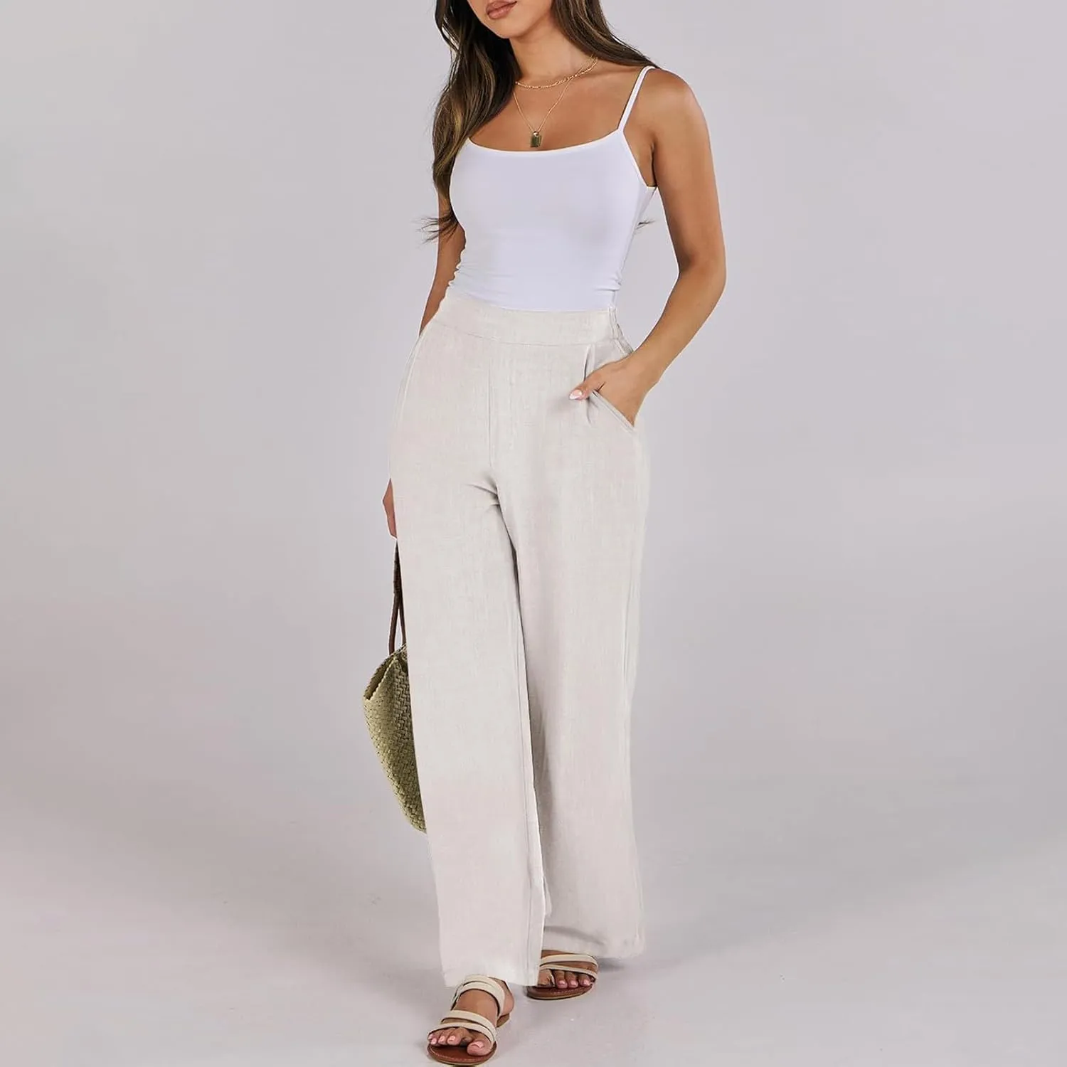 Linen Work Pants for Women High Waisted Dress Pants Casual Lightweight Elastic Waist Wide Leg Trousers with Pockets