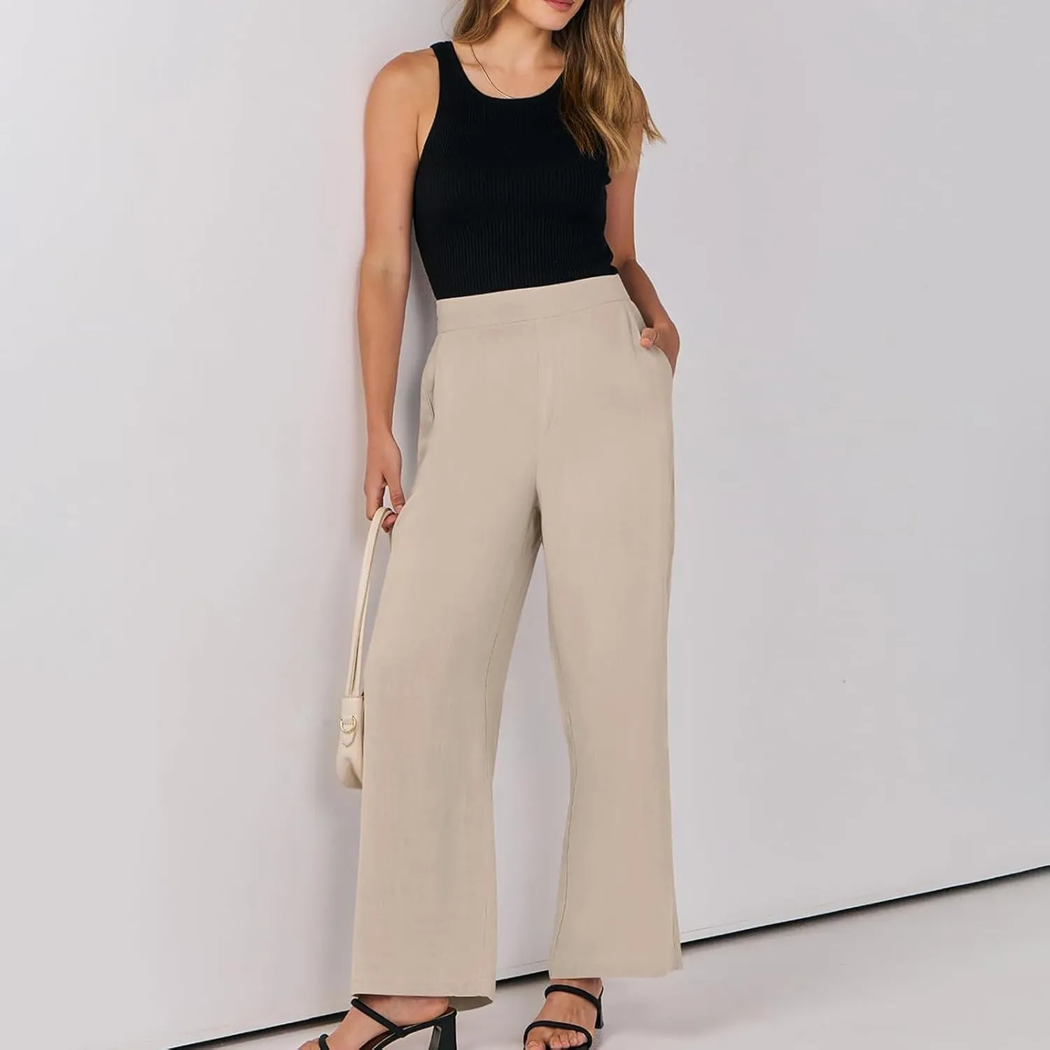 Linen Work Pants for Women High Waisted Dress Pants Casual Lightweight Elastic Waist Wide Leg Trousers with Pockets
