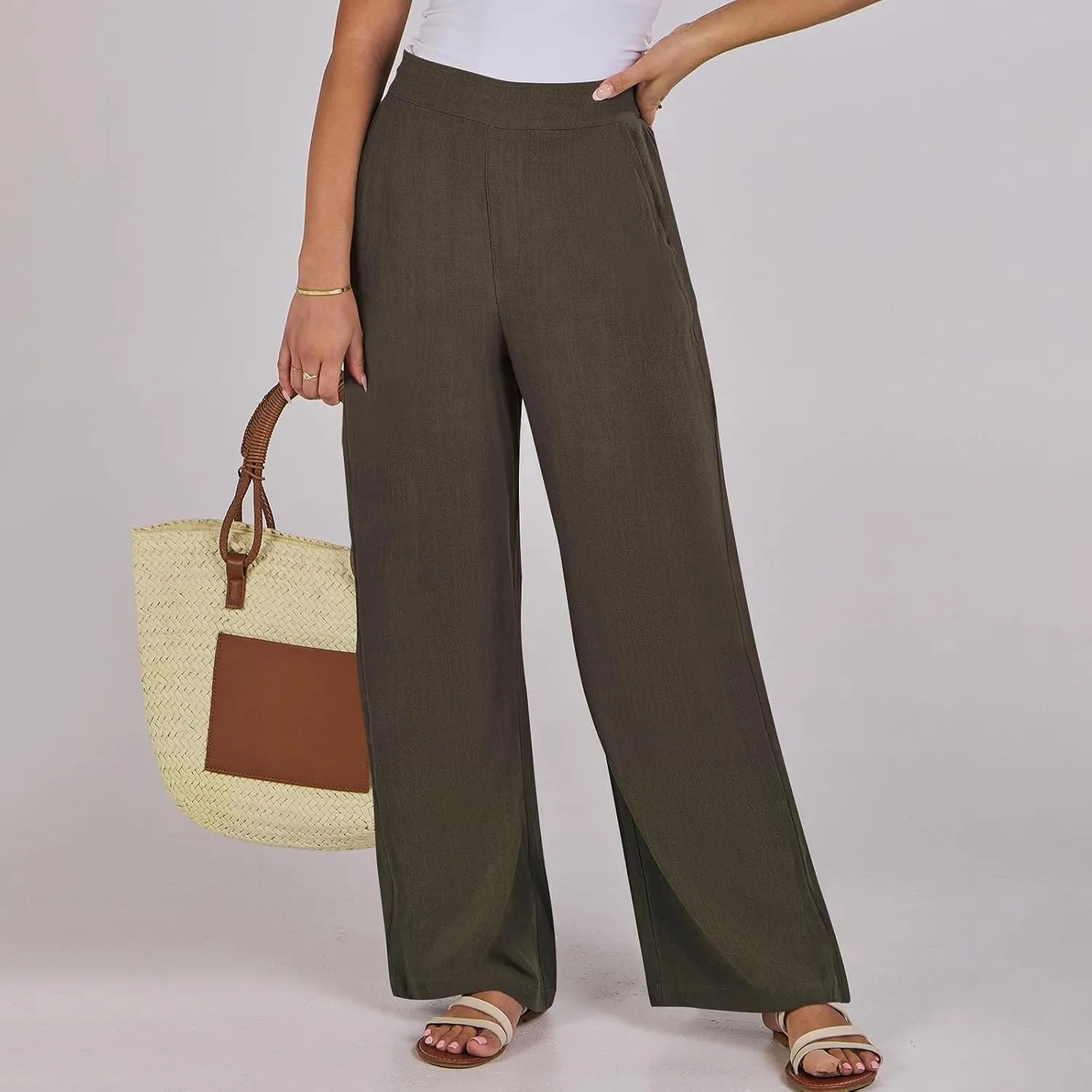 Linen Work Pants for Women High Waisted Dress Pants Casual Lightweight Elastic Waist Wide Leg Trousers with Pockets