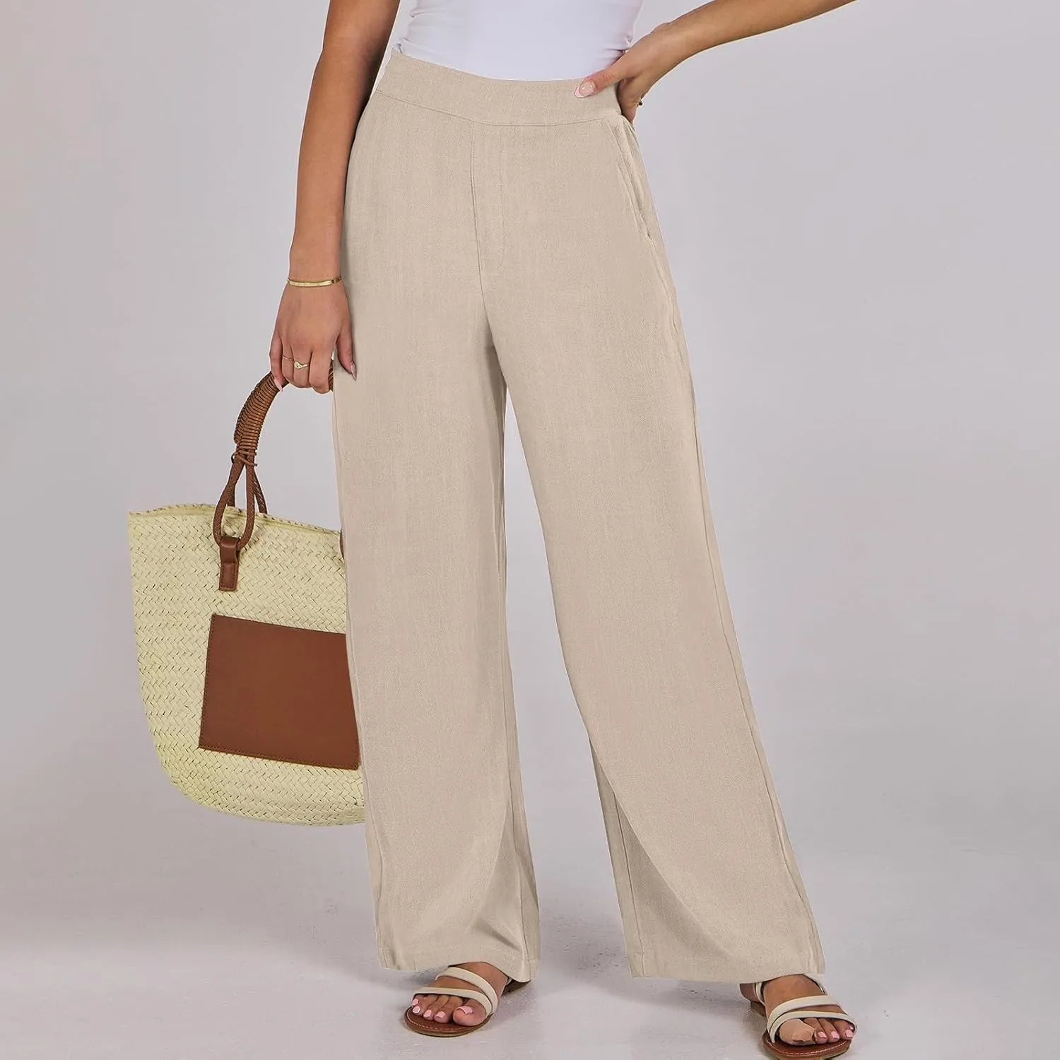 Linen Work Pants for Women High Waisted Dress Pants Casual Lightweight Elastic Waist Wide Leg Trousers with Pockets