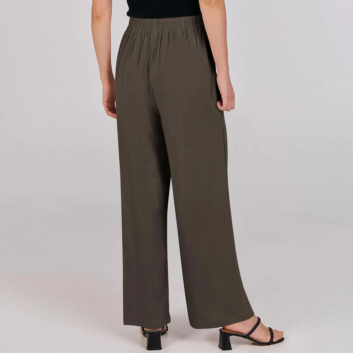 Linen Work Pants for Women High Waisted Dress Pants Casual Lightweight Elastic Waist Wide Leg Trousers with Pockets