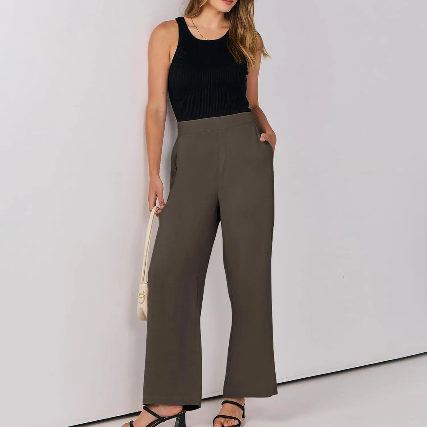 Linen Work Pants for Women High Waisted Dress Pants Casual Lightweight Elastic Waist Wide Leg Trousers with Pockets