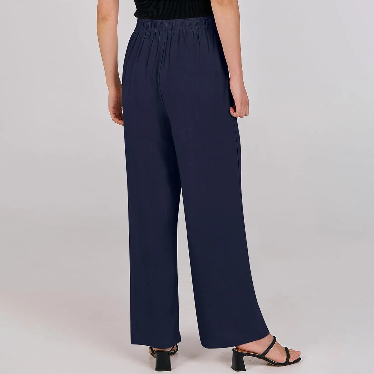 Linen Work Pants for Women High Waisted Dress Pants Casual Lightweight Elastic Waist Wide Leg Trousers with Pockets