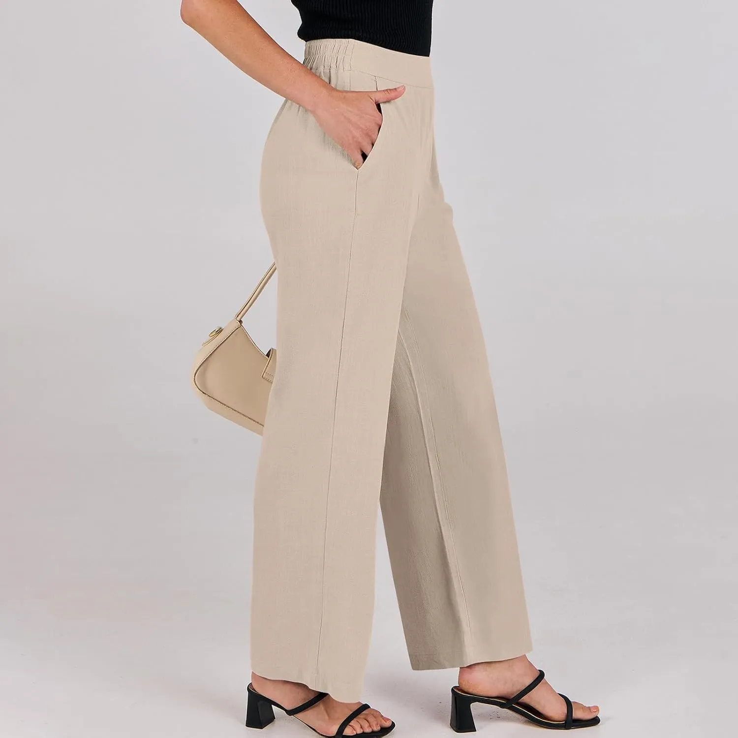 Linen Work Pants for Women High Waisted Dress Pants Casual Lightweight Elastic Waist Wide Leg Trousers with Pockets