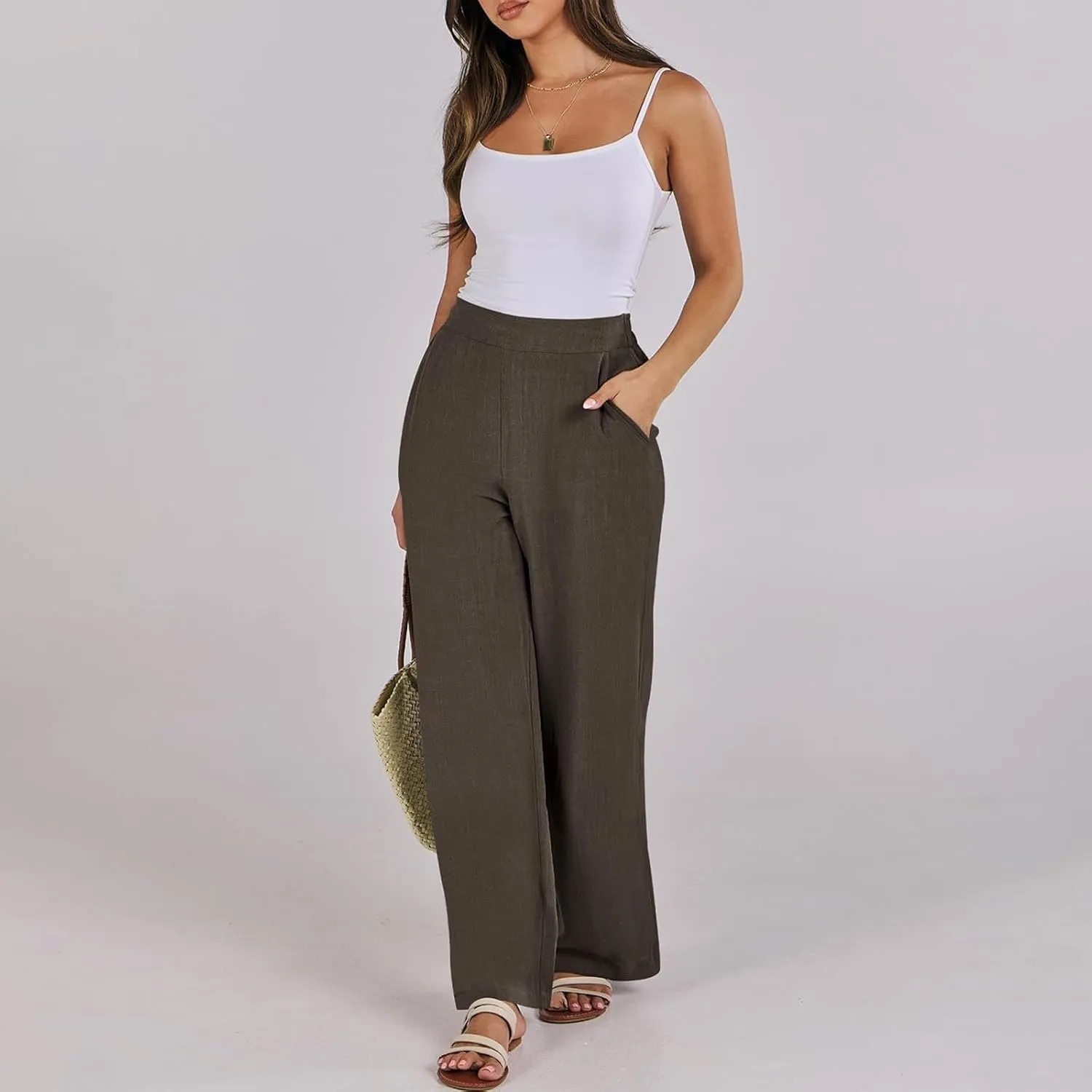 Linen Work Pants for Women High Waisted Dress Pants Casual Lightweight Elastic Waist Wide Leg Trousers with Pockets