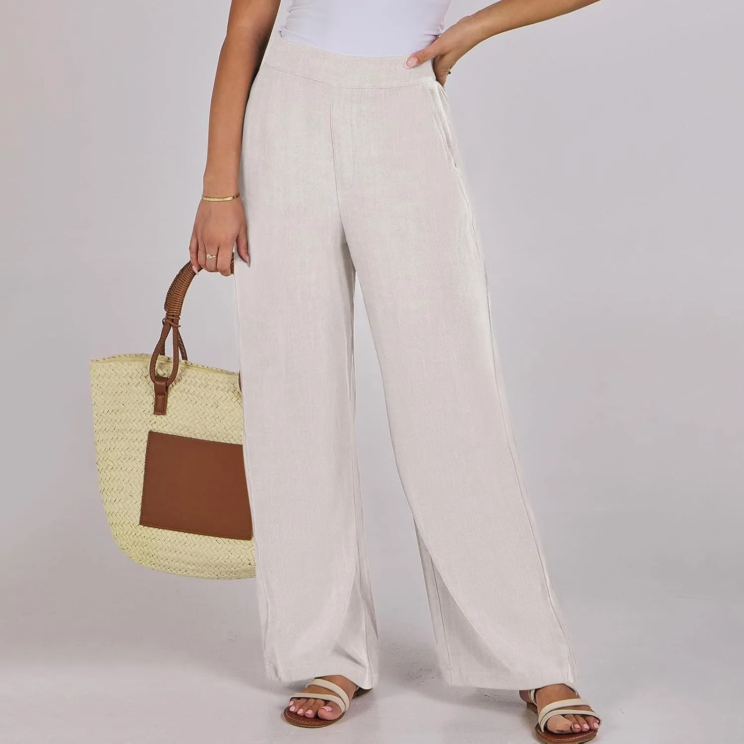 Linen Work Pants for Women High Waisted Dress Pants Casual Lightweight Elastic Waist Wide Leg Trousers with Pockets