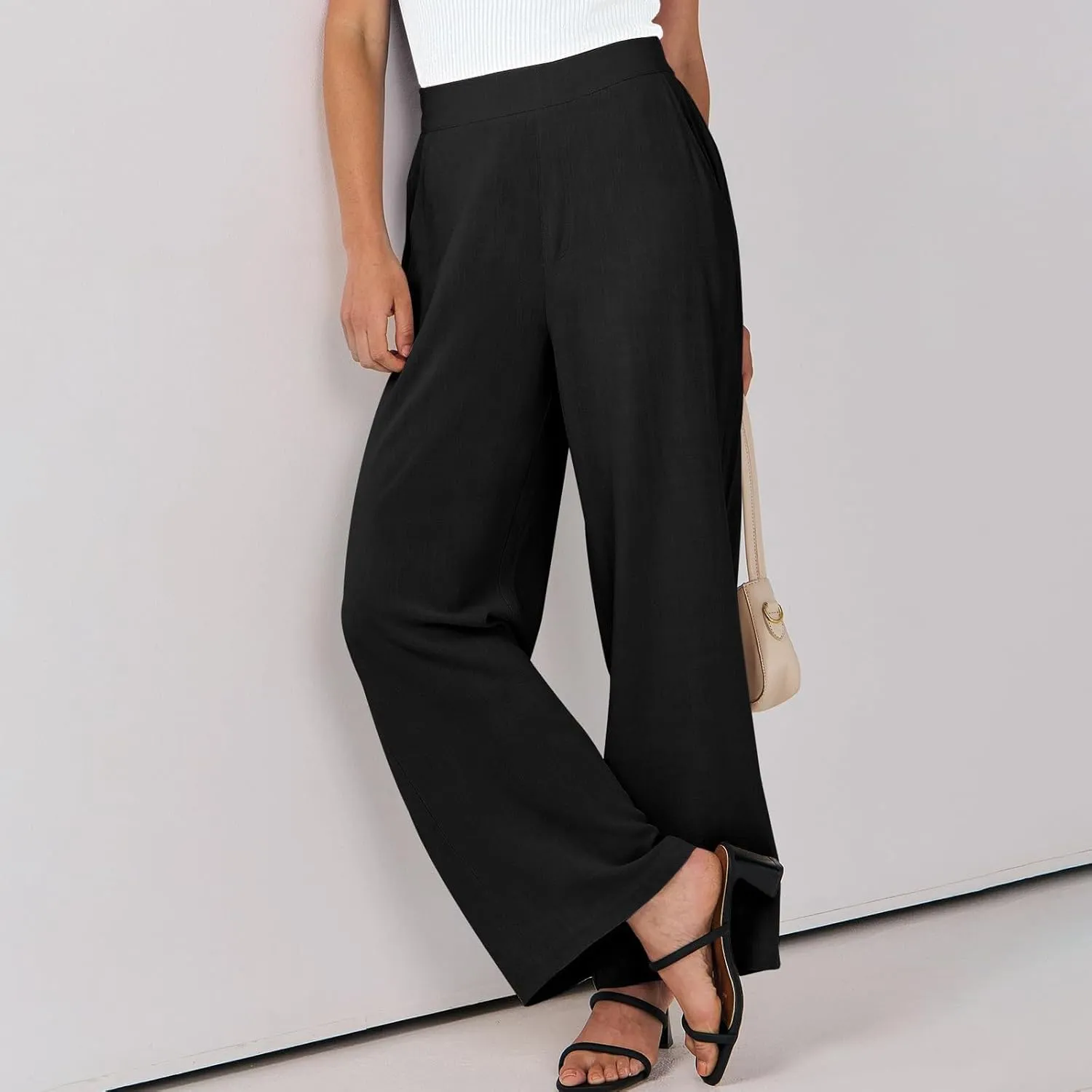 Linen Work Pants for Women High Waisted Dress Pants Casual Lightweight Elastic Waist Wide Leg Trousers with Pockets