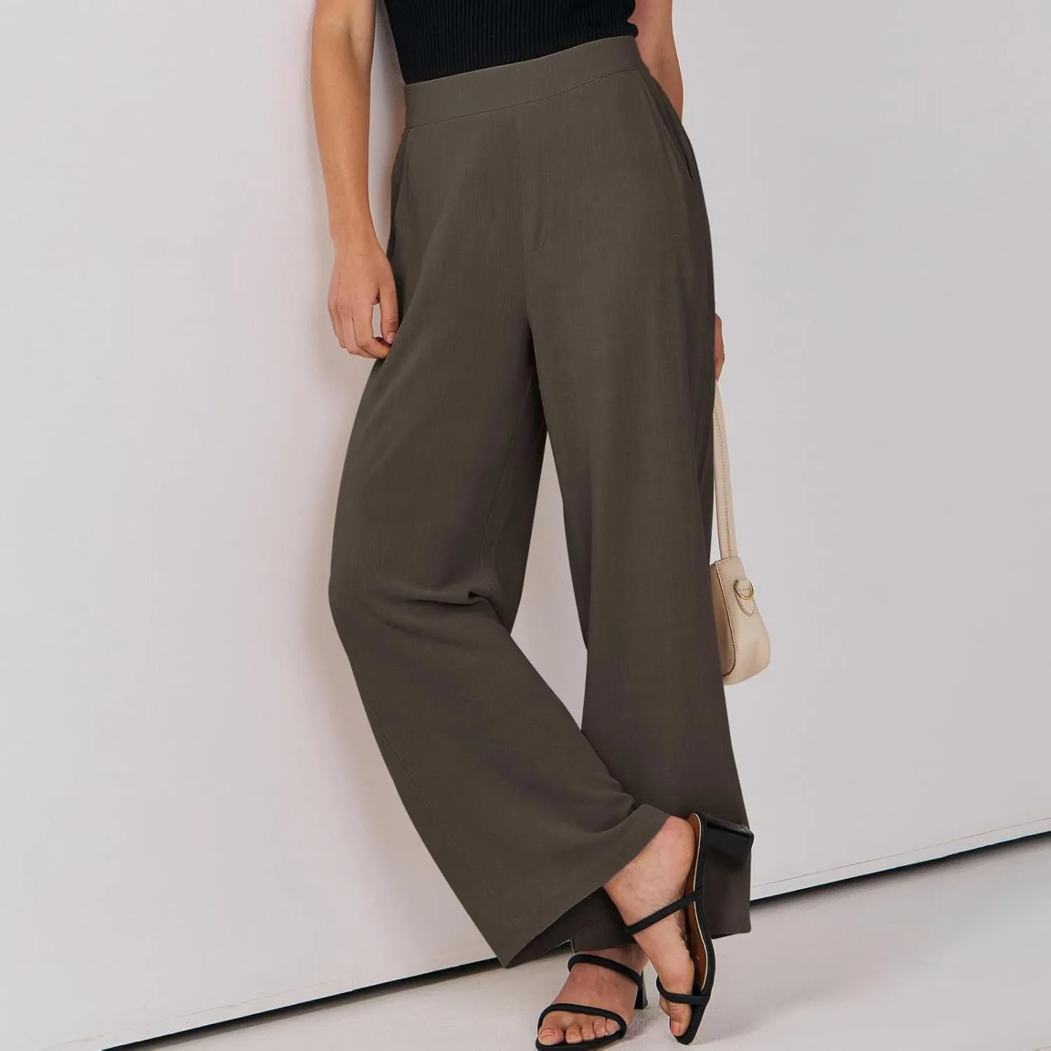 Linen Work Pants for Women High Waisted Dress Pants Casual Lightweight Elastic Waist Wide Leg Trousers with Pockets