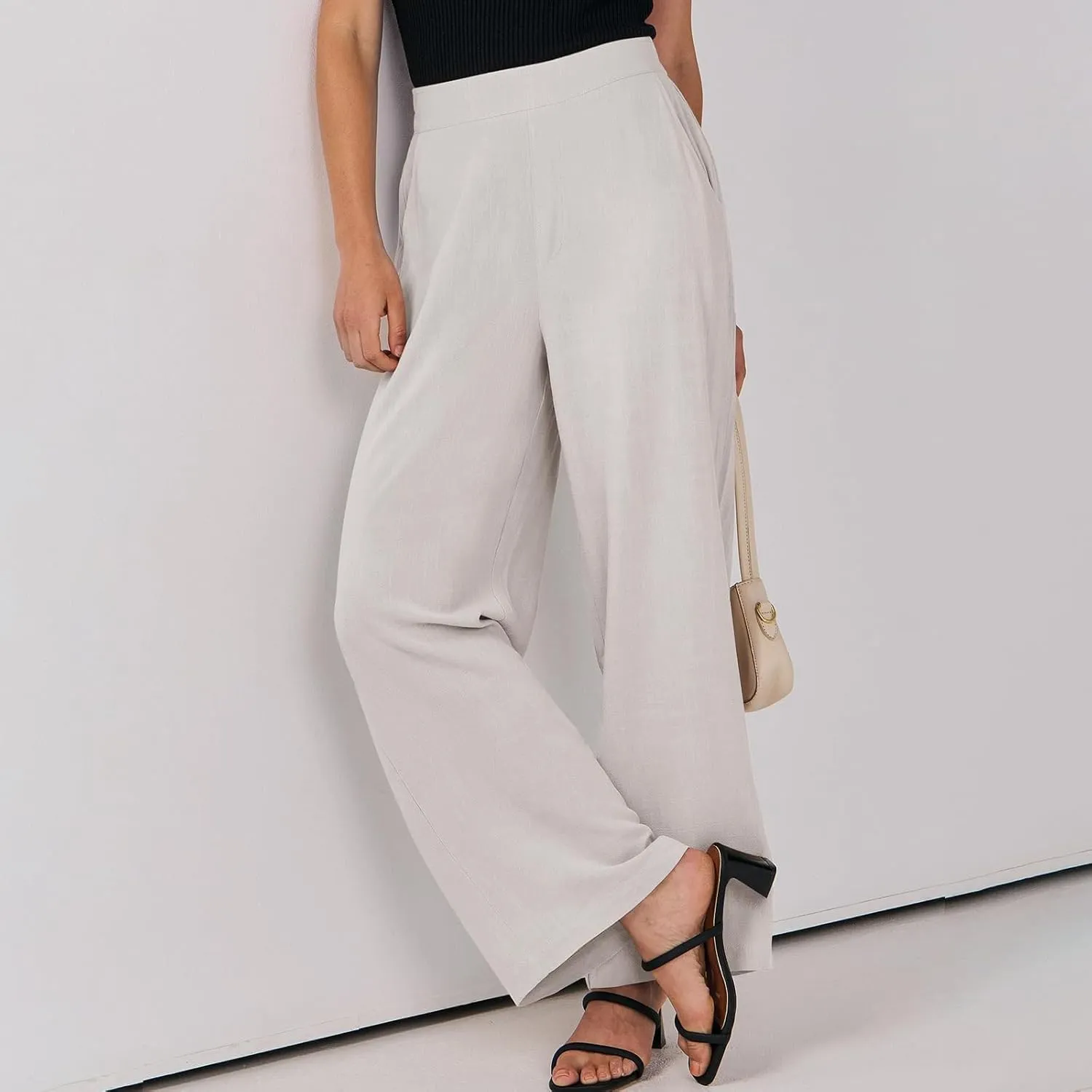 Linen Work Pants for Women High Waisted Dress Pants Casual Lightweight Elastic Waist Wide Leg Trousers with Pockets