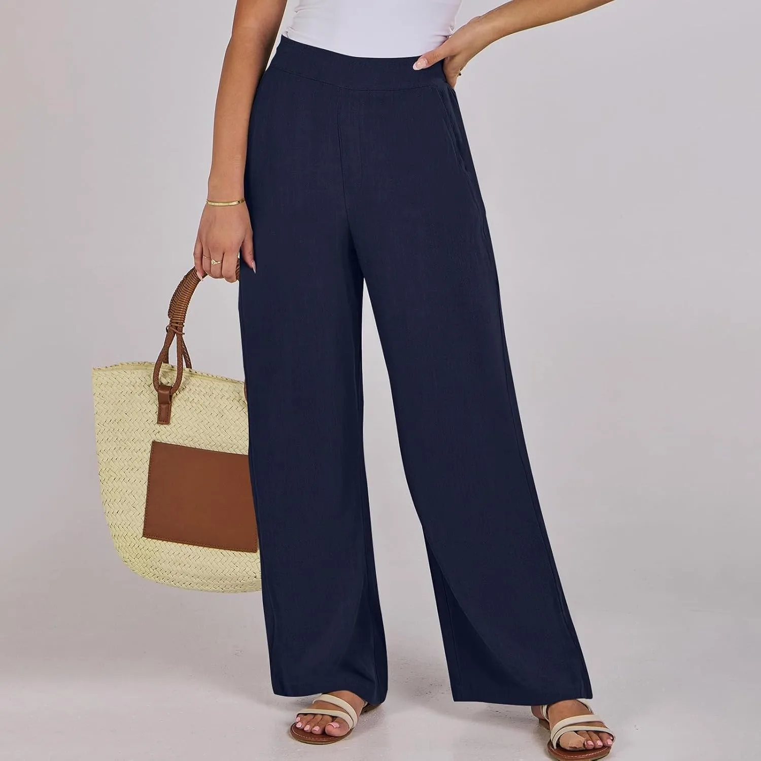 Linen Work Pants for Women High Waisted Dress Pants Casual Lightweight Elastic Waist Wide Leg Trousers with Pockets