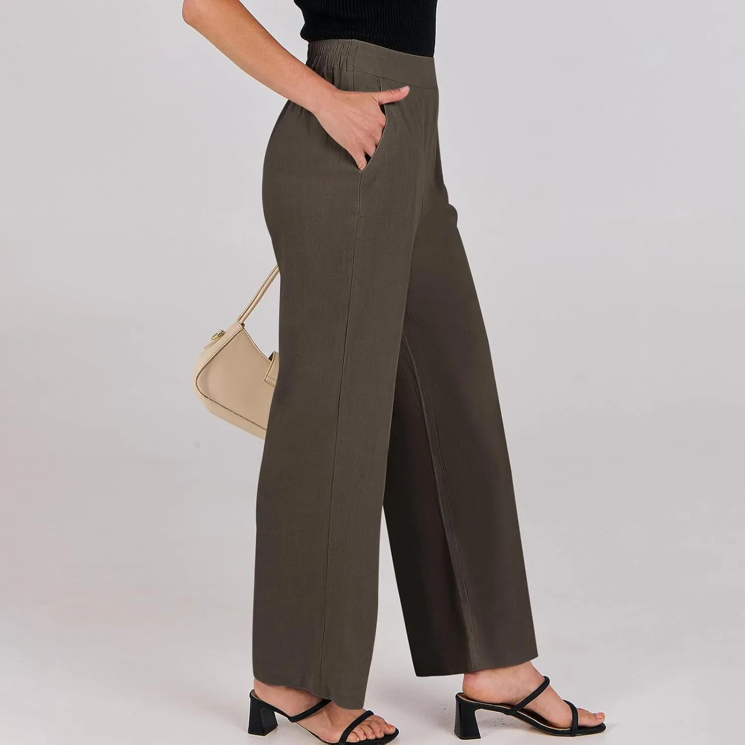 Linen Work Pants for Women High Waisted Dress Pants Casual Lightweight Elastic Waist Wide Leg Trousers with Pockets