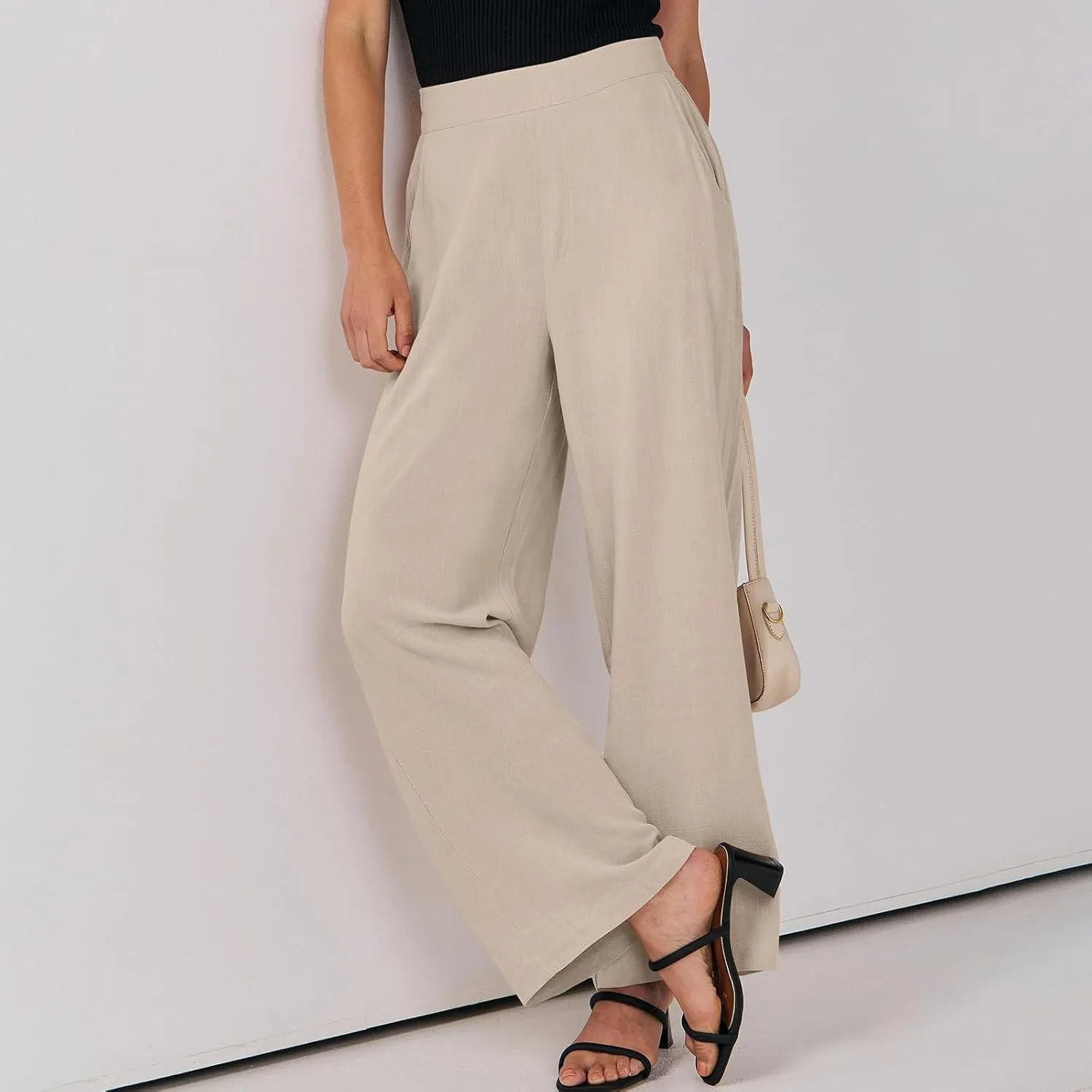 Linen Work Pants for Women High Waisted Dress Pants Casual Lightweight Elastic Waist Wide Leg Trousers with Pockets