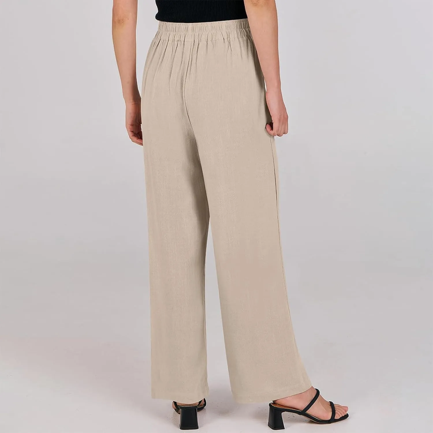 Linen Work Pants for Women High Waisted Dress Pants Casual Lightweight Elastic Waist Wide Leg Trousers with Pockets
