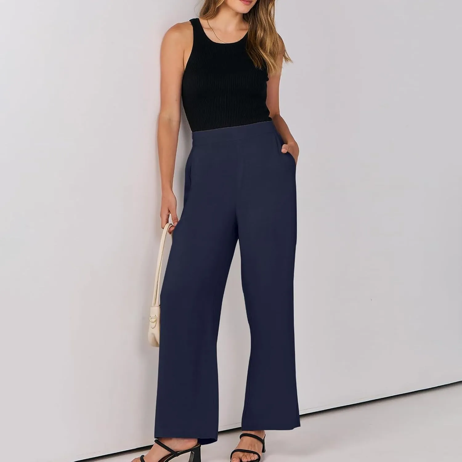 Linen Work Pants for Women High Waisted Dress Pants Casual Lightweight Elastic Waist Wide Leg Trousers with Pockets