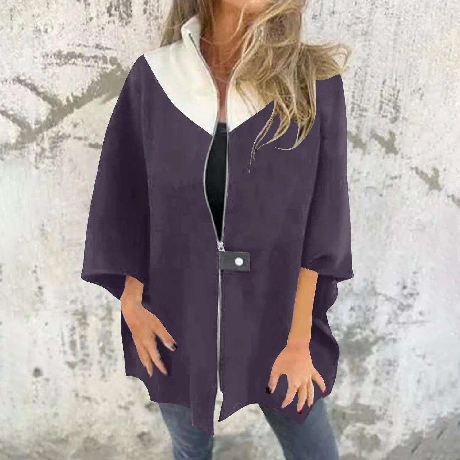 Lmdudan Women's Zip Up Wool Blend Coats Plus Size Color Block Stand Collar Side Slit Trench Coat Casual Long Sleeve Cardigan