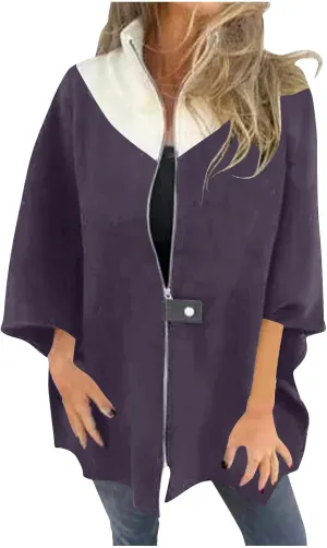 Lmdudan Women's Zip Up Wool Blend Coats Plus Size Color Block Stand Collar Side Slit Trench Coat Casual Long Sleeve Cardigan