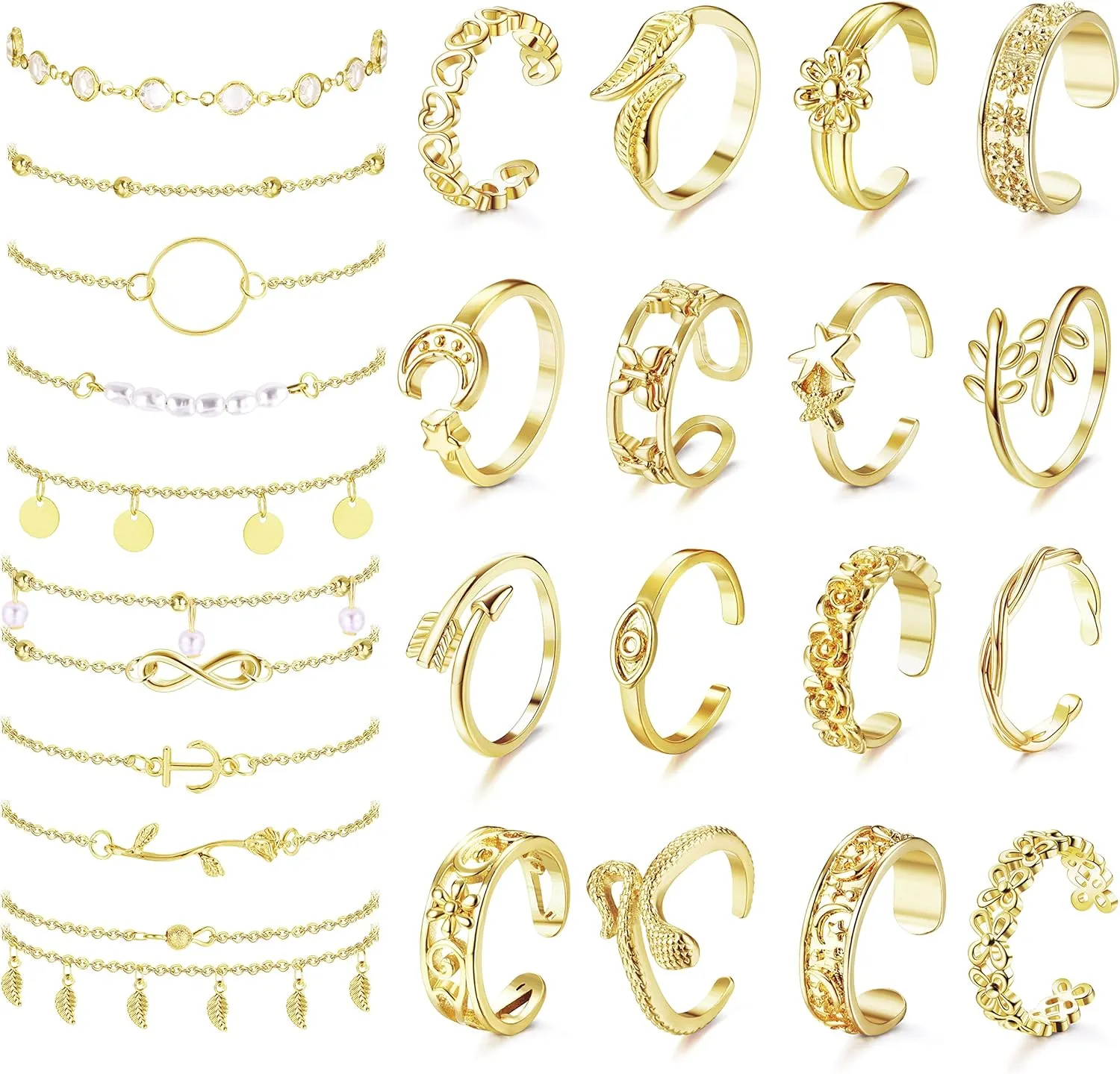 LOLIAS 25pcs Anklets and Toe Rings for Women - Silver & Gold Plated Layered Ankle Bracelets - Flower & Evil Eye Toe Rings for Summer Sandals - Adjustable Foot Jewelry Set