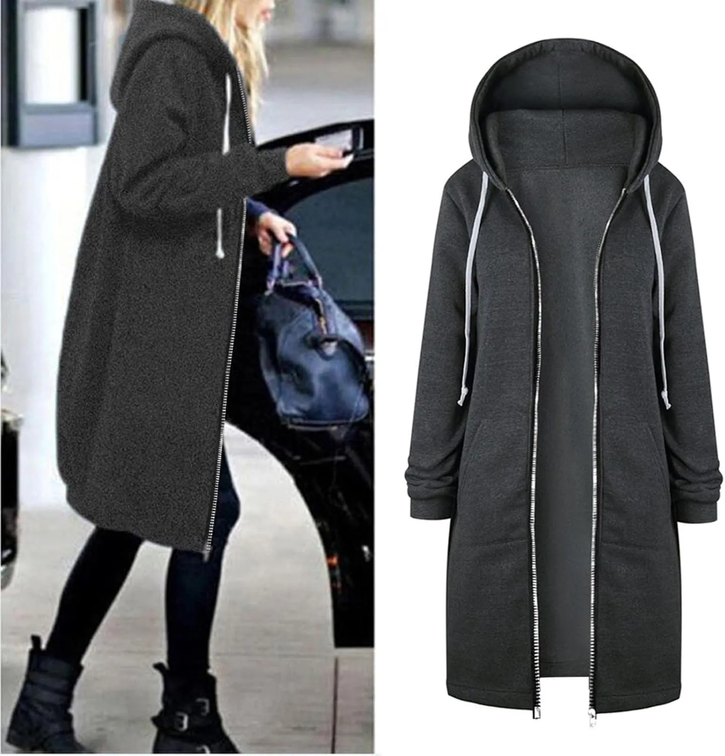 Long Jacket for Women Long Sleeve V Neck Full Zip Up Plain Trench Hooded Coat with Pocket Autumn Winter with Hood Trendy