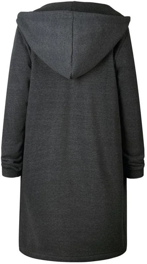 Long Jacket for Women Long Sleeve V Neck Full Zip Up Plain Trench Hooded Coat with Pocket Autumn Winter with Hood Trendy