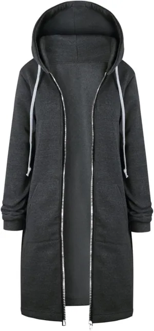 Long Jacket for Women Long Sleeve V Neck Full Zip Up Plain Trench Hooded Coat with Pocket Autumn Winter with Hood Trendy