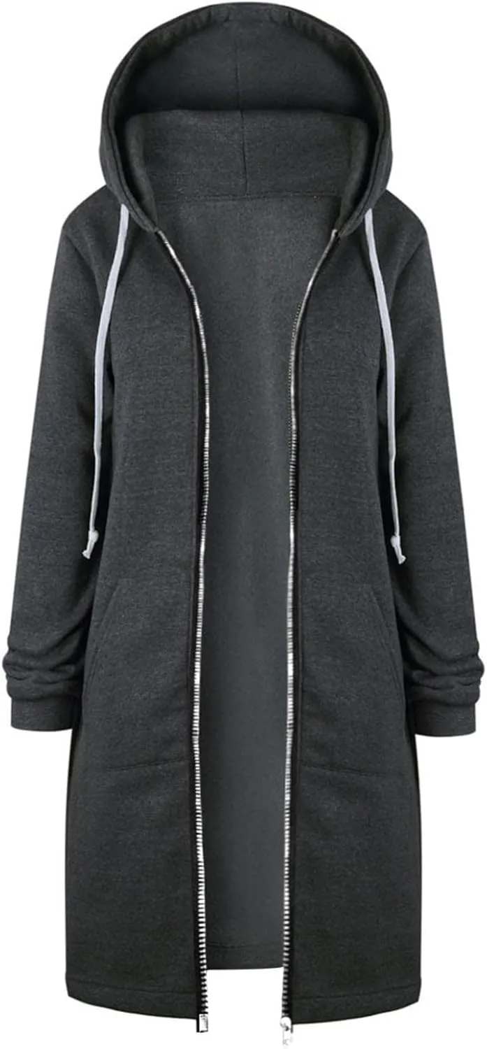 Long Jacket for Women Long Sleeve V Neck Full Zip Up Plain Trench Hooded Coat with Pocket Autumn Winter with Hood Trendy