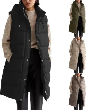 Long Puffer Vest for Women Oversized Zip Up Hooded Jacket Coat Puffer Down Coat Thickened Winter Warm Jacket