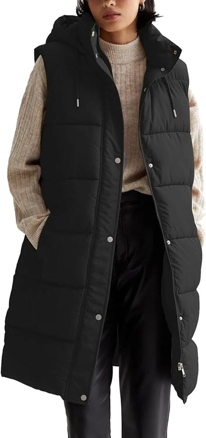 Long Puffer Vest for Women Oversized Zip Up Hooded Jacket Coat Puffer Down Coat Thickened Winter Warm Jacket