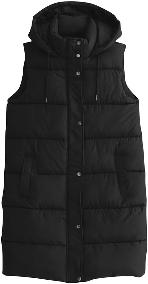 Long Puffer Vest for Women Oversized Zip Up Hooded Jacket Coat Puffer Down Coat Thickened Winter Warm Jacket
