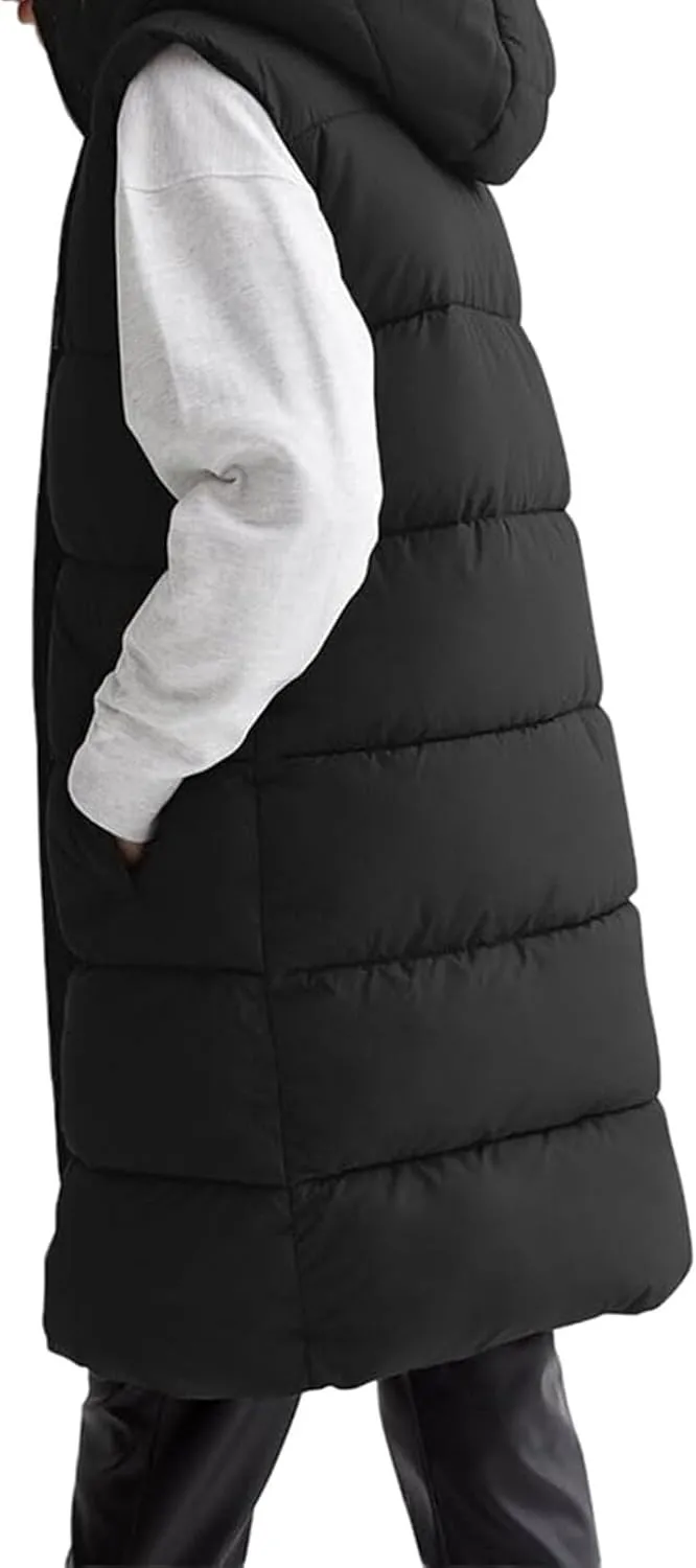 Long Puffer Vest for Women Oversized Zip Up Hooded Jacket Coat Puffer Down Coat Thickened Winter Warm Jacket