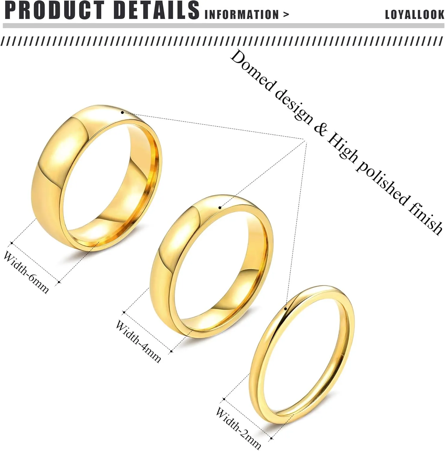 LOYALLOOK 2mm 4mm 6mm Silver/Gold Rings Stainless Steel Knuckle Rings Plain Dome Stackable Rings Wedding Band for Women Men 3Pcs