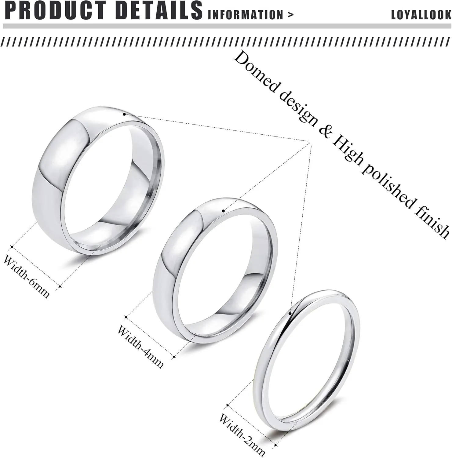 LOYALLOOK 2mm 4mm 6mm Silver/Gold Rings Stainless Steel Knuckle Rings Plain Dome Stackable Rings Wedding Band for Women Men 3Pcs
