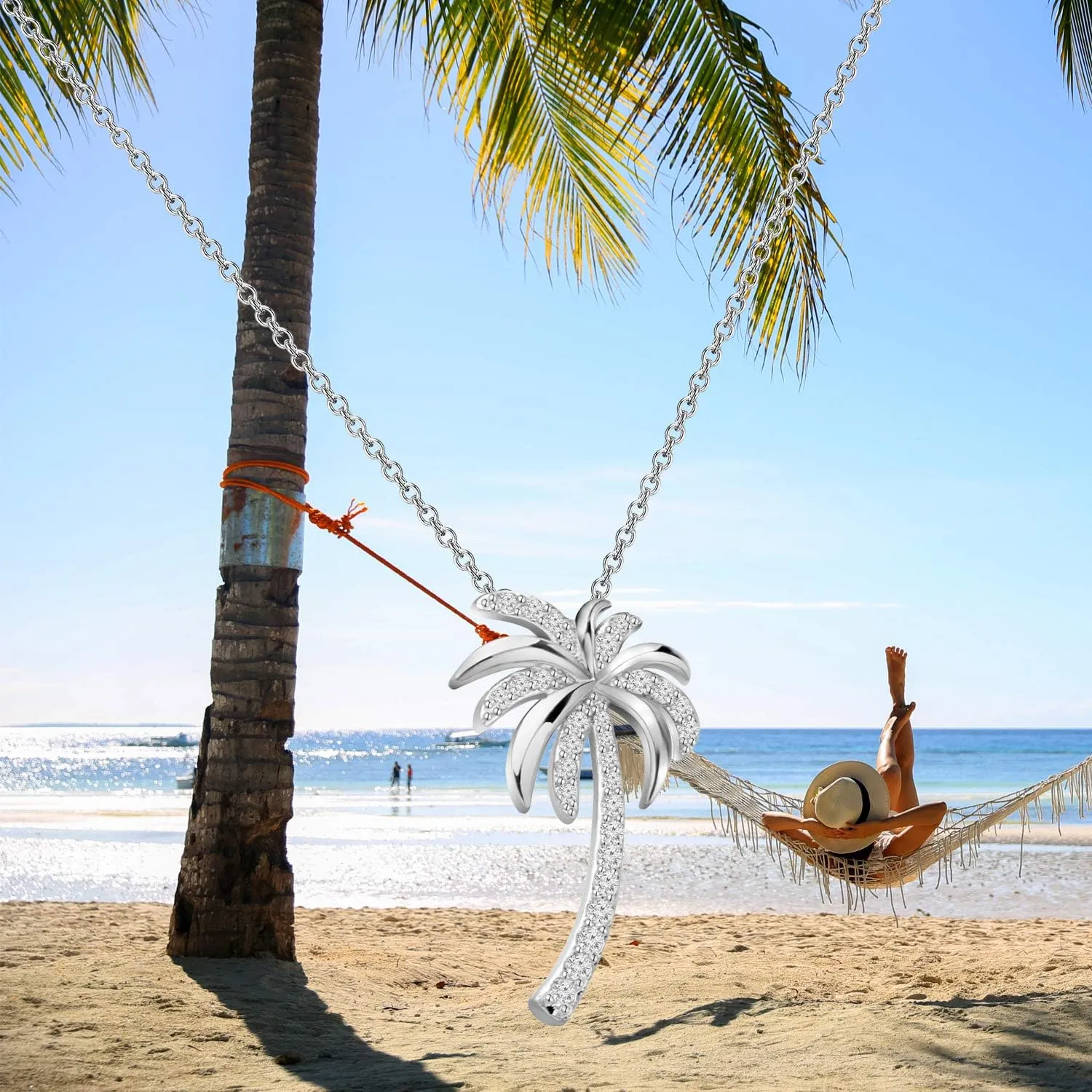 LQRI Tropical Beach Jewelry CZ Palm Tree Pendant Necklace Hawaii Bridal Beach Wedding Jewelry Bridesmaid Gifts