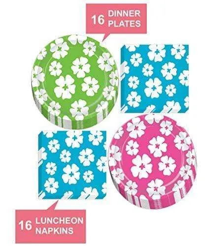 Luau Party Supplies - Hibiscus Flower Paper Dinner Plates and Luncheon Napkins (Serves 16)