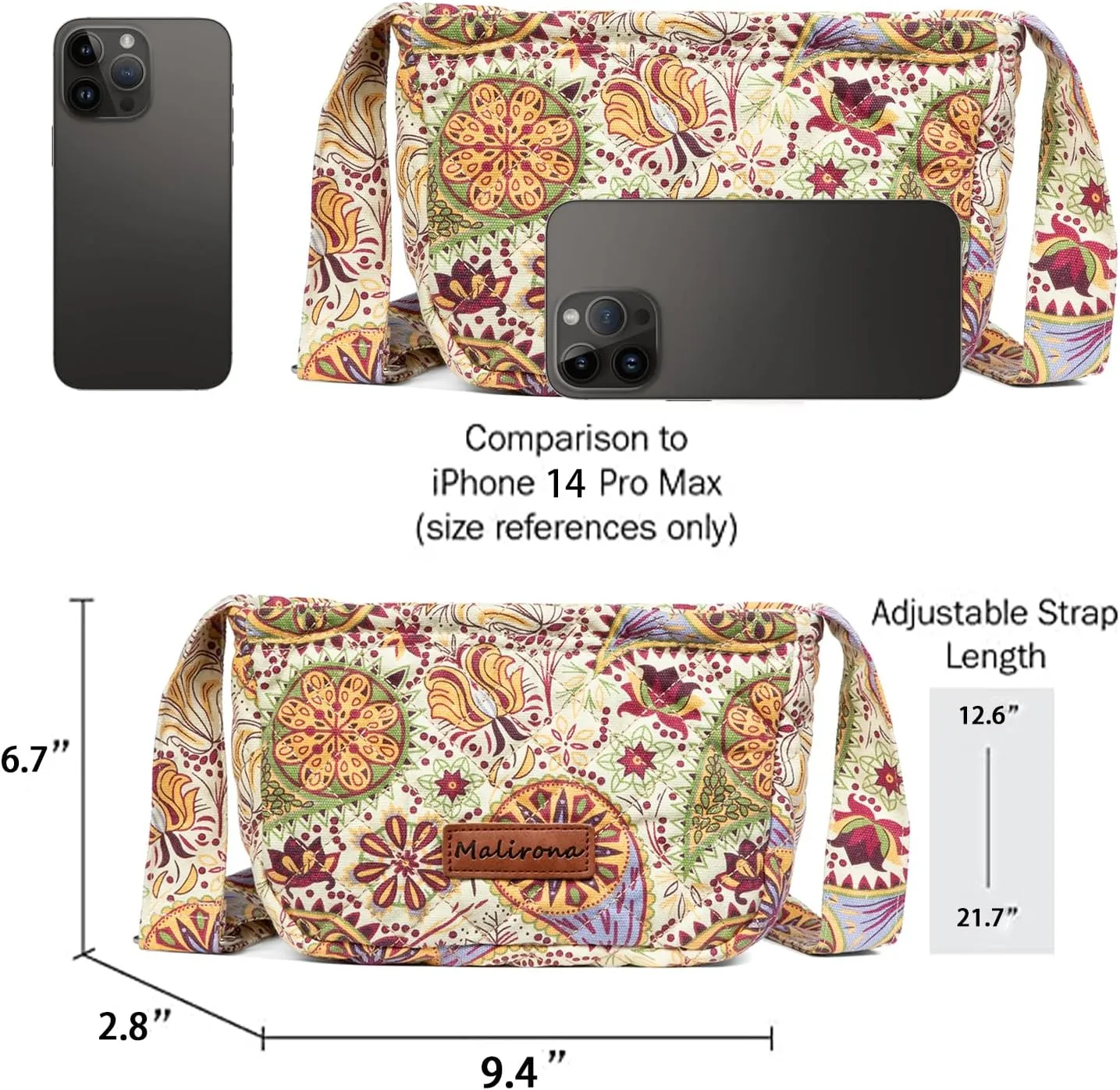 Malirona Women 's Durable Small Floral Crossbody Bag Canvas Messenger Handbag Multi Pocket Travel Satchel Purse