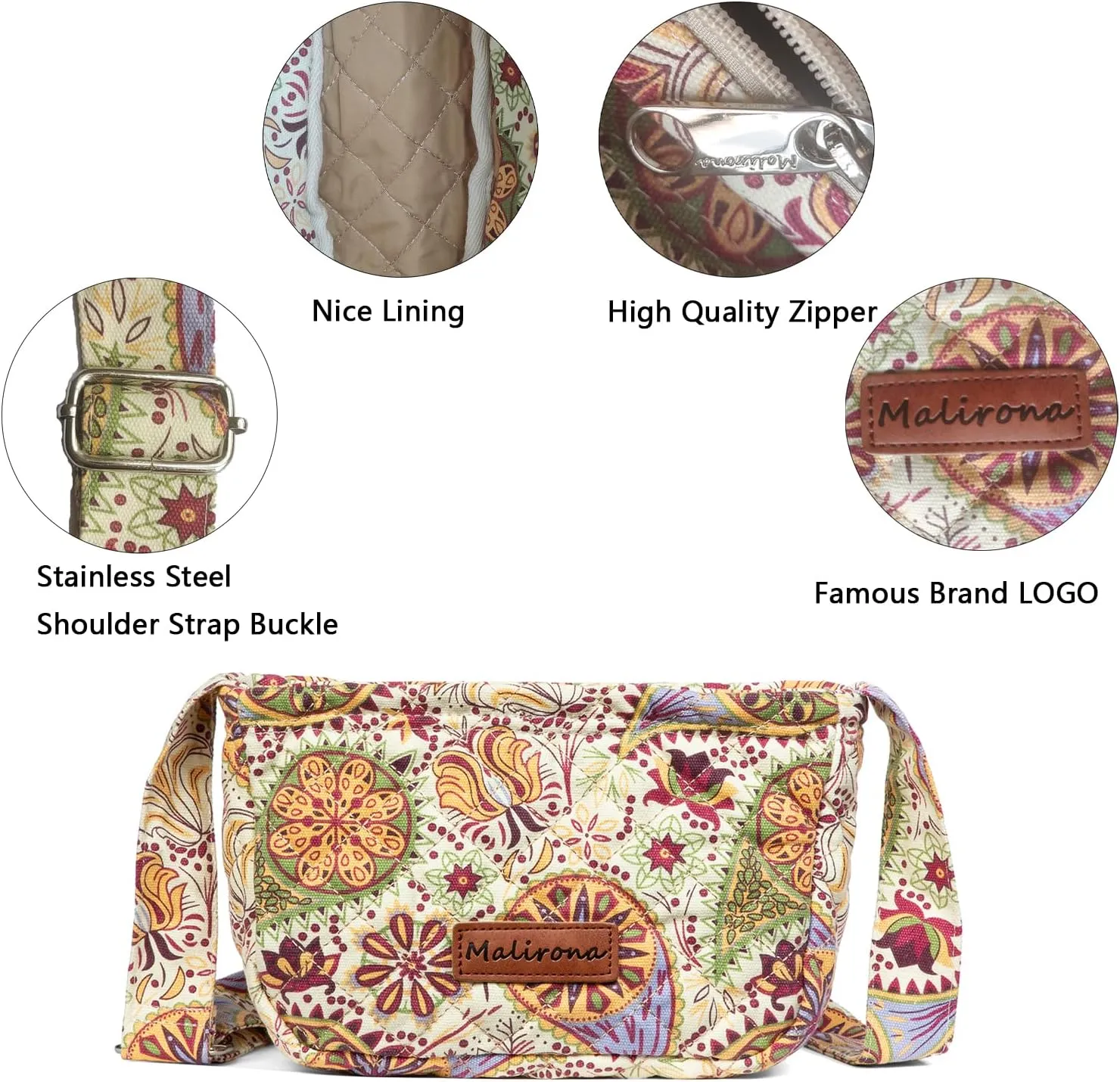Malirona Women 's Durable Small Floral Crossbody Bag Canvas Messenger Handbag Multi Pocket Travel Satchel Purse
