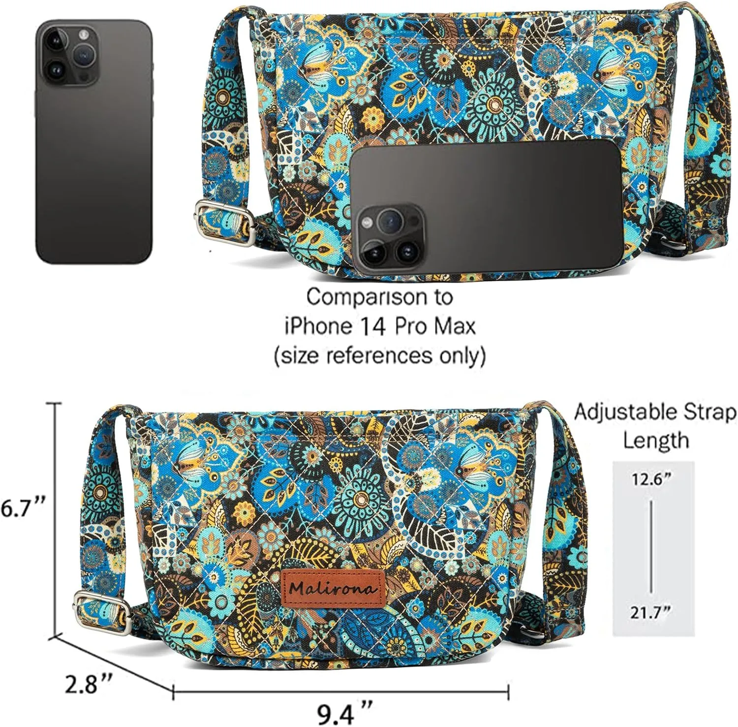 Malirona Women 's Durable Small Floral Crossbody Bag Canvas Messenger Handbag Multi Pocket Travel Satchel Purse