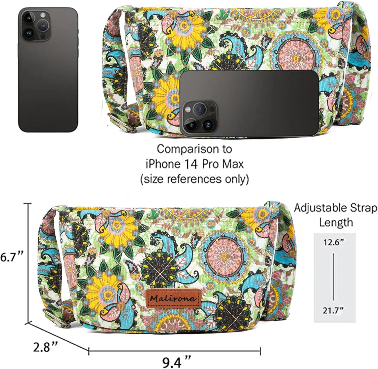 Malirona Women 's Durable Small Floral Crossbody Bag Canvas Messenger Handbag Multi Pocket Travel Satchel Purse