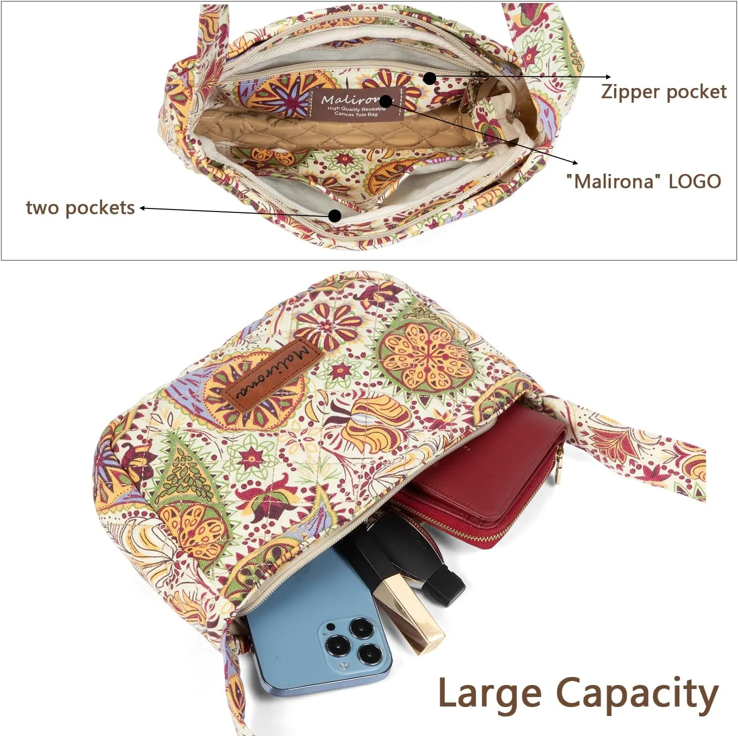 Malirona Women 's Durable Small Floral Crossbody Bag Canvas Messenger Handbag Multi Pocket Travel Satchel Purse