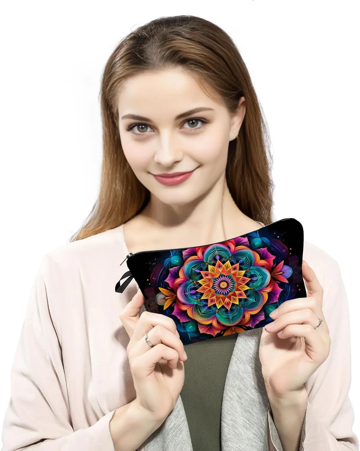 Mandala Cosmetic Bag Vibrant Printed Design on Black Background Spiritual Travel & Daily Makeup Organizer Unique Birthday/Yoga Festival Gift Idea