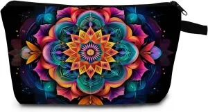 Mandala Cosmetic Bag Vibrant Printed Design on Black Background Spiritual Travel & Daily Makeup Organizer Unique Birthday/Yoga Festival Gift Idea