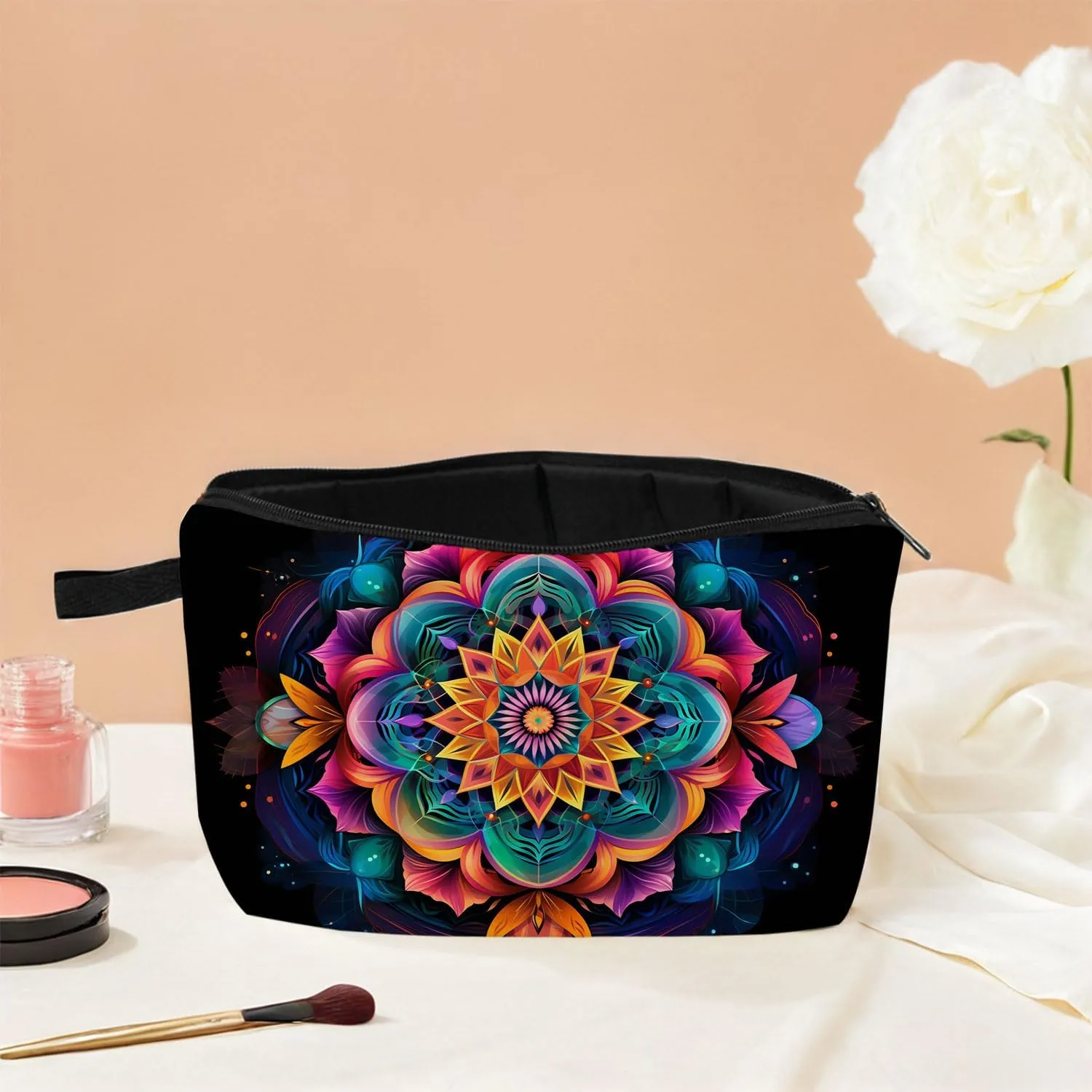 Mandala Cosmetic Bag Vibrant Printed Design on Black Background Spiritual Travel & Daily Makeup Organizer Unique Birthday/Yoga Festival Gift Idea