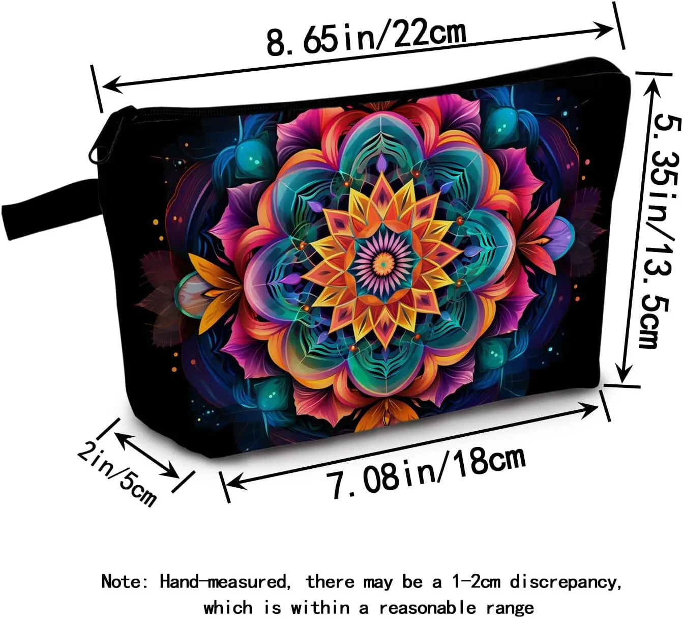 Mandala Cosmetic Bag Vibrant Printed Design on Black Background Spiritual Travel & Daily Makeup Organizer Unique Birthday/Yoga Festival Gift Idea