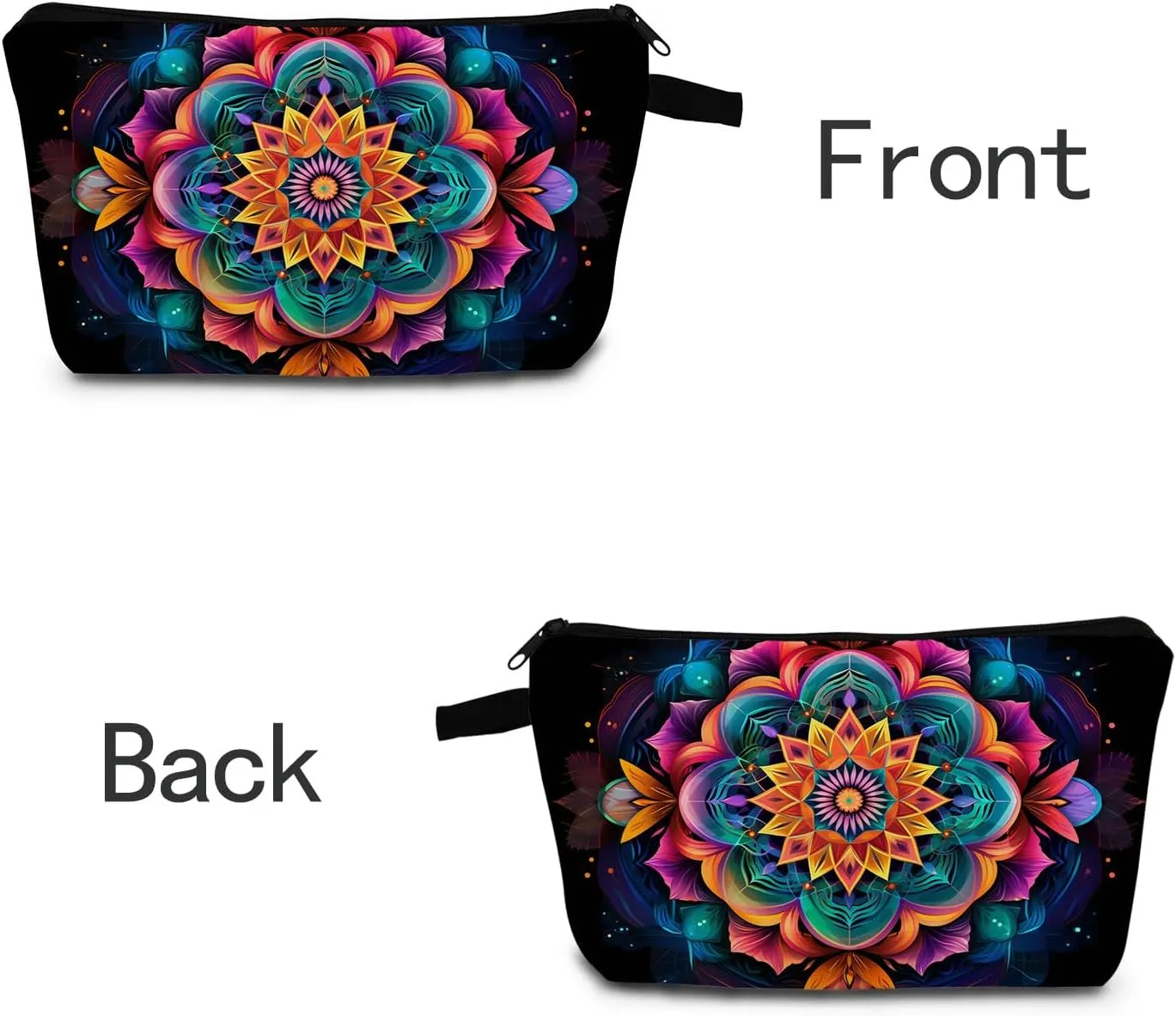 Mandala Cosmetic Bag Vibrant Printed Design on Black Background Spiritual Travel & Daily Makeup Organizer Unique Birthday/Yoga Festival Gift Idea