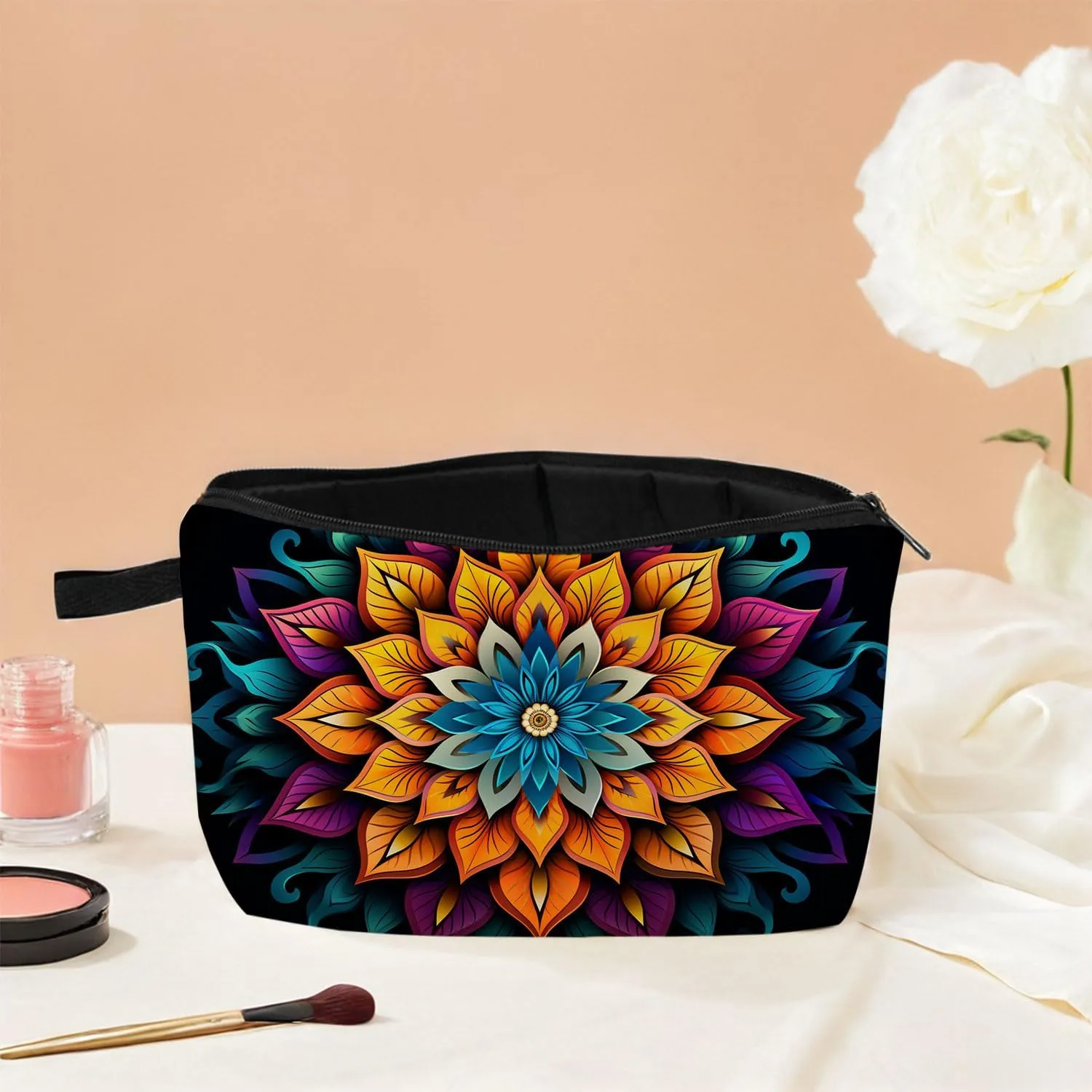 Mandala Printed Cosmetic Bag Vibrant Spiritual Design Makeup Organizer Yoga Retreat & Festival Travel Essential Unique Birthday/Meditation Gift Idea