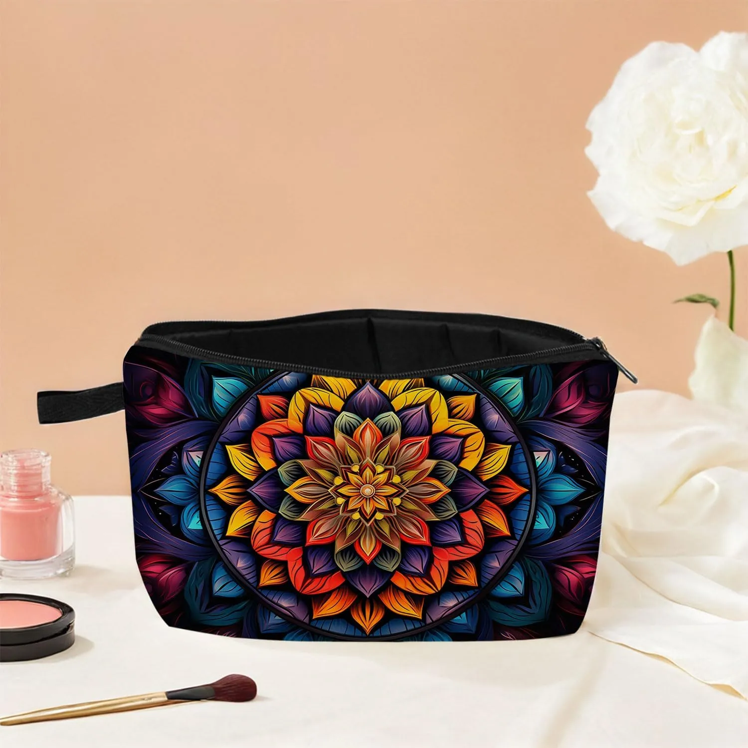 Mandala Printed Cosmetic Bag Vibrant Spiritual Design Makeup Organizer Yoga Retreat & Festival Travel Essential Unique Birthday/Meditation Gift Idea