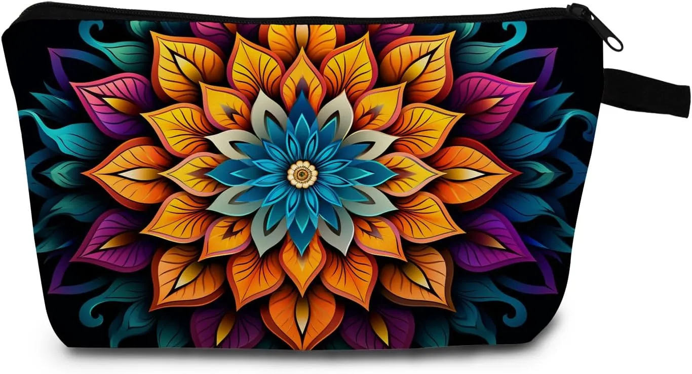 Mandala Printed Cosmetic Bag Vibrant Spiritual Design Makeup Organizer Yoga Retreat & Festival Travel Essential Unique Birthday/Meditation Gift Idea