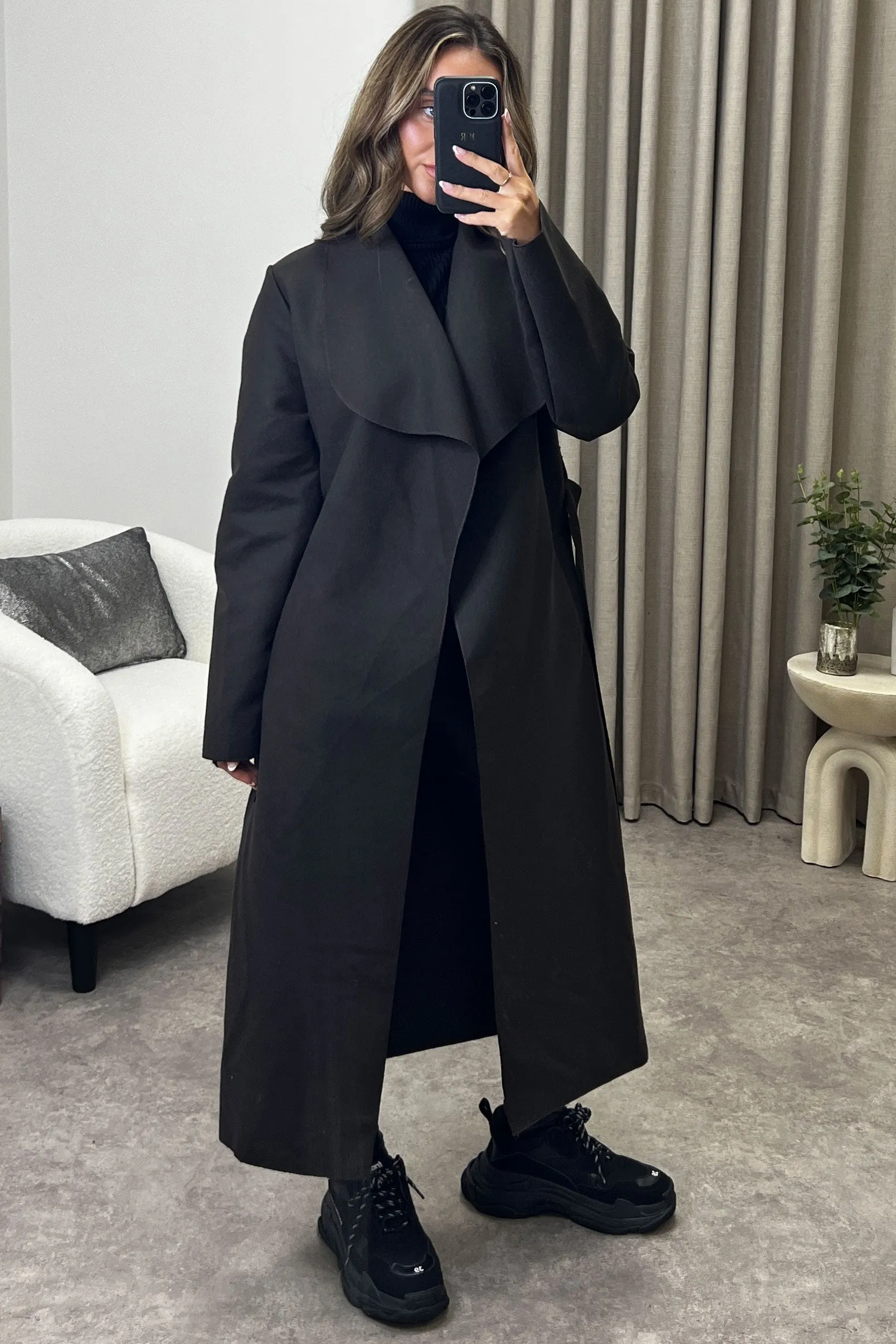 Mandie Brown Waterfall Belted Felt Longline Coat